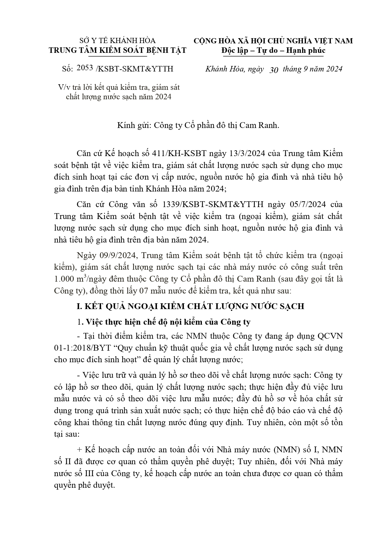 V/v trả lời kết quả kiểm tra, giám sát chất lượng nước sạch năm 2024